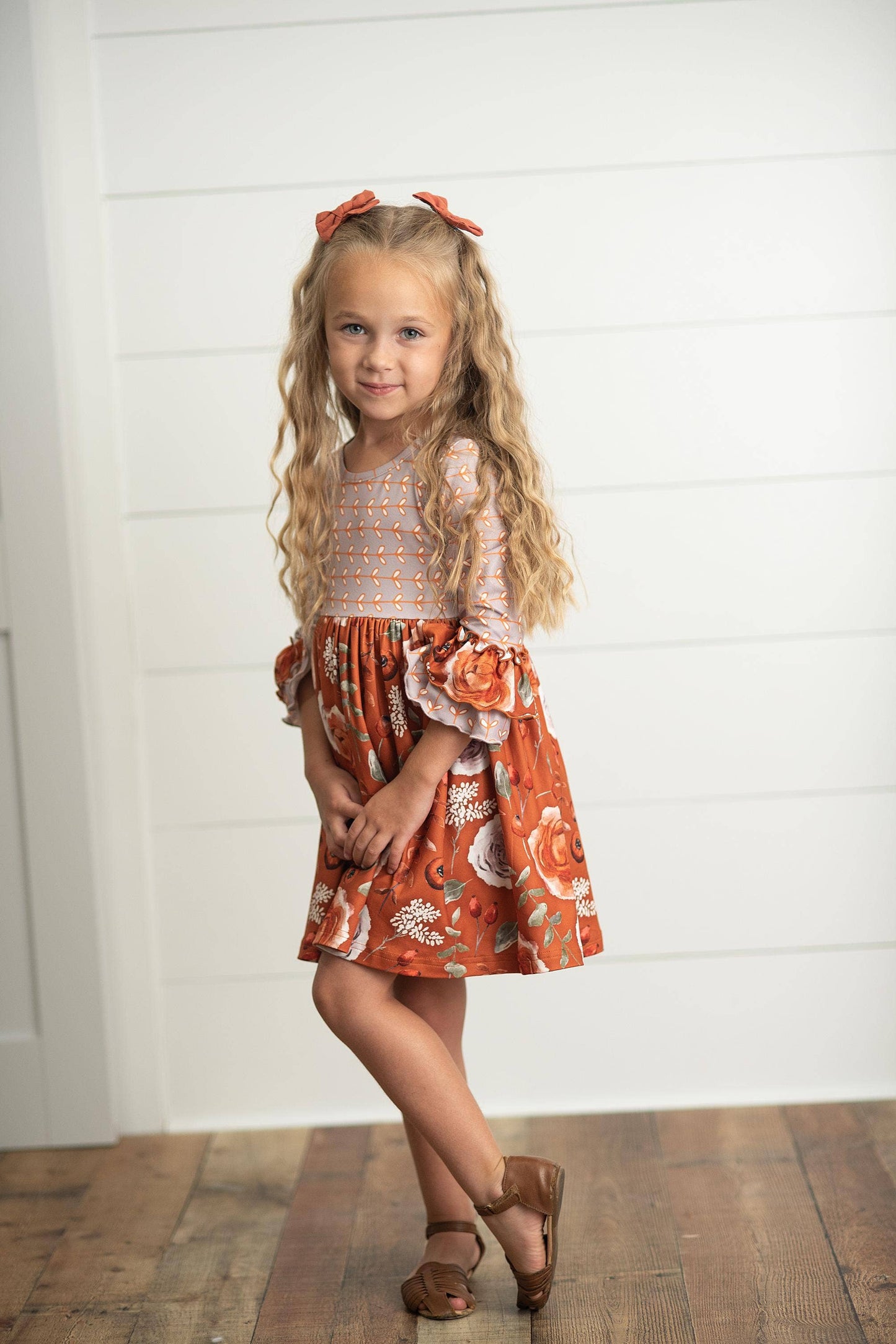 Kids Rust Floral Twirl Ruffles Dress