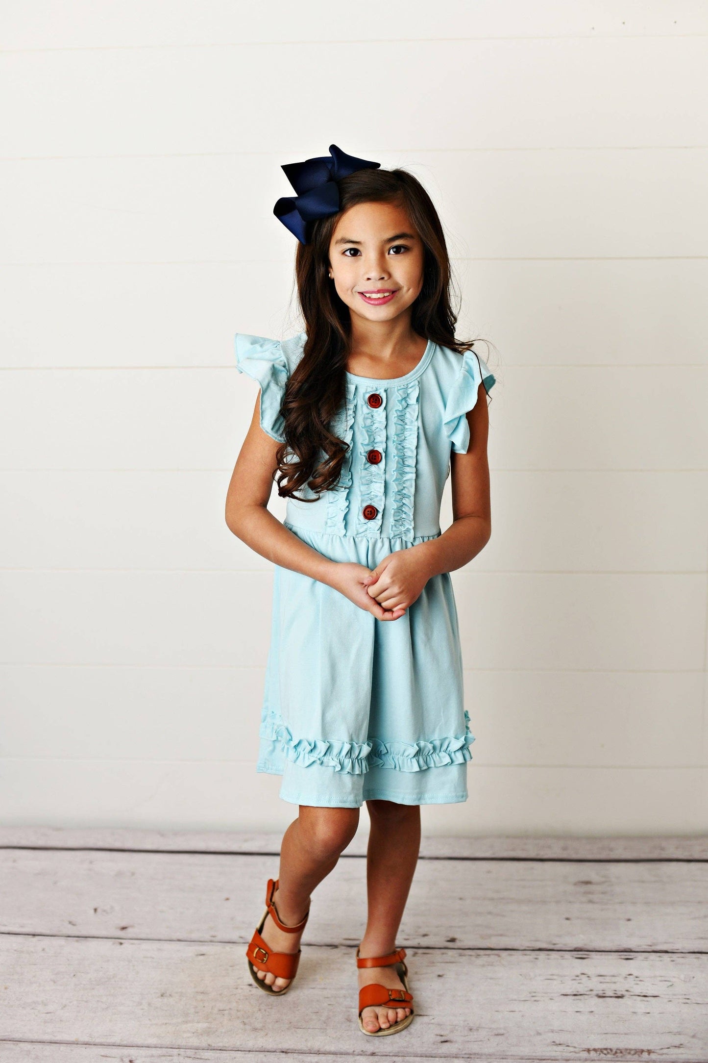 Kids Pastel Blue Ruffle Button Spring Summer Dress: 7/8