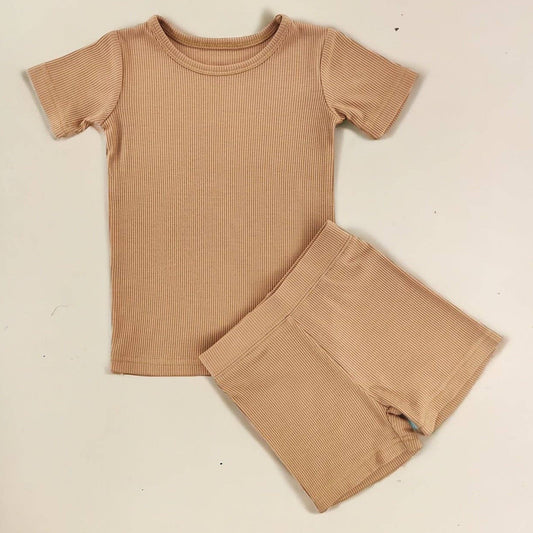 Almond/Tan Ribbed Bamboo Shorts Set: