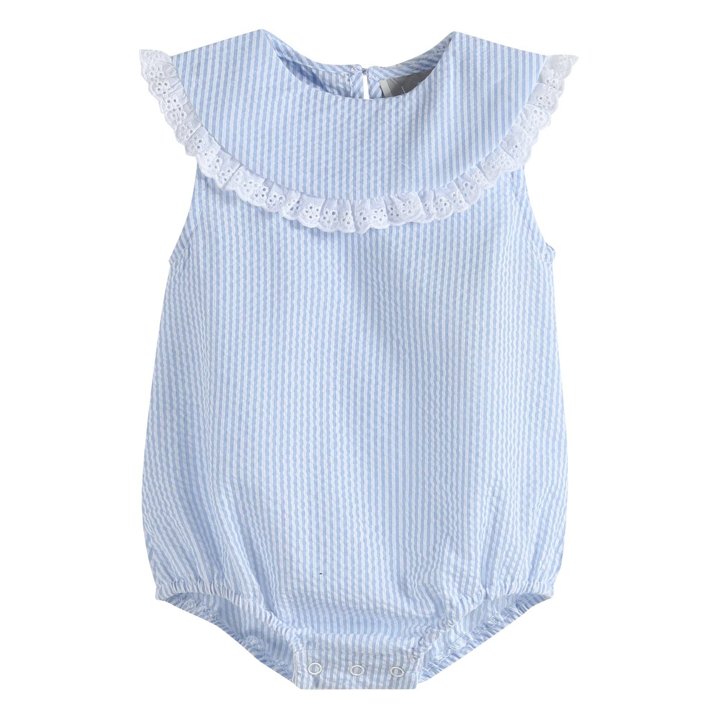 Classic Light Blue Seersucker Collared Baby Bubble Romper: