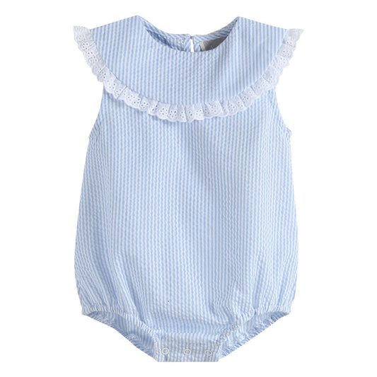 Classic Light Blue Seersucker Collared Baby Bubble Romper: