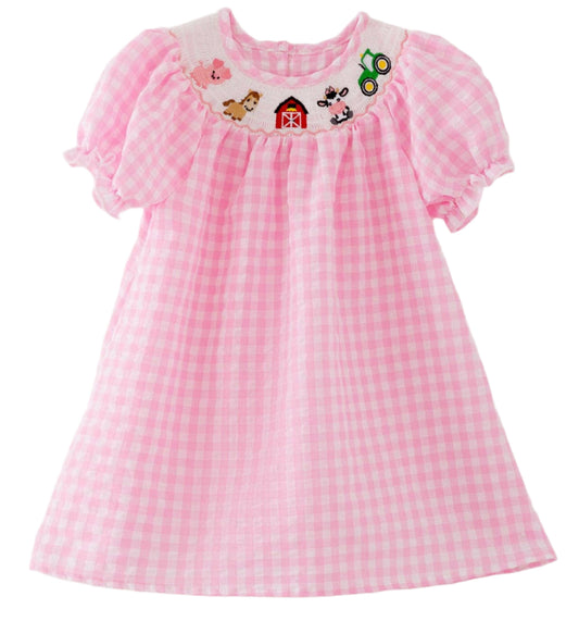 Farm Pink Smocking Embroidered Girls Dress: