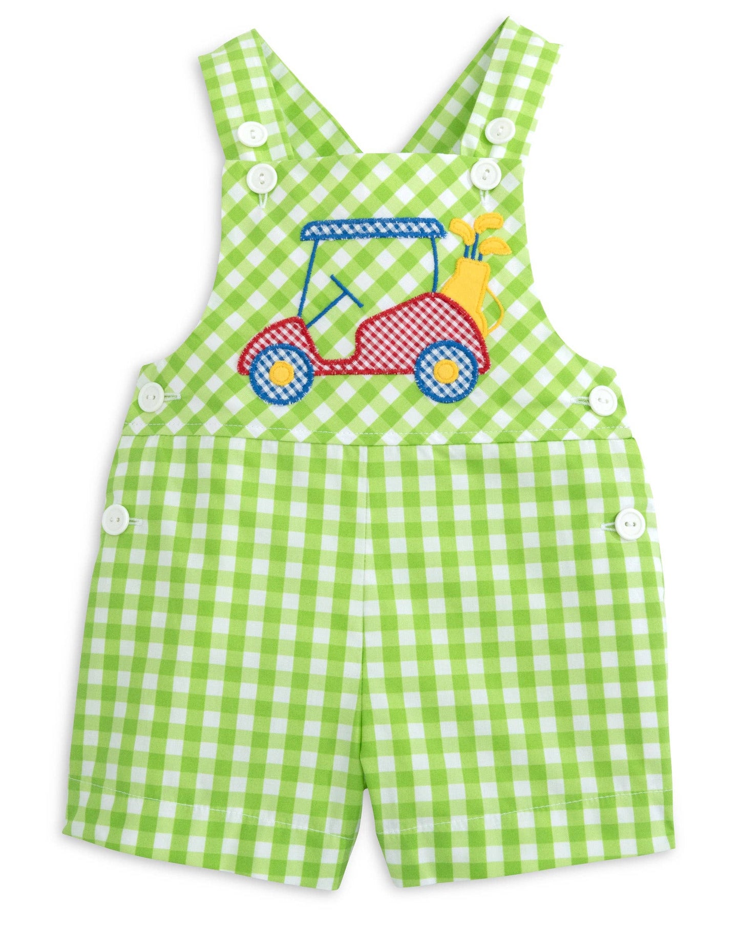 Fore! Boys' Gingham Shortall with Golf Cart Applique: