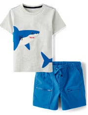 Boys embroidered shark 2 piece outfit set