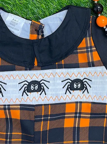 Plaid outfit with spider Smocked Design Boy Romper