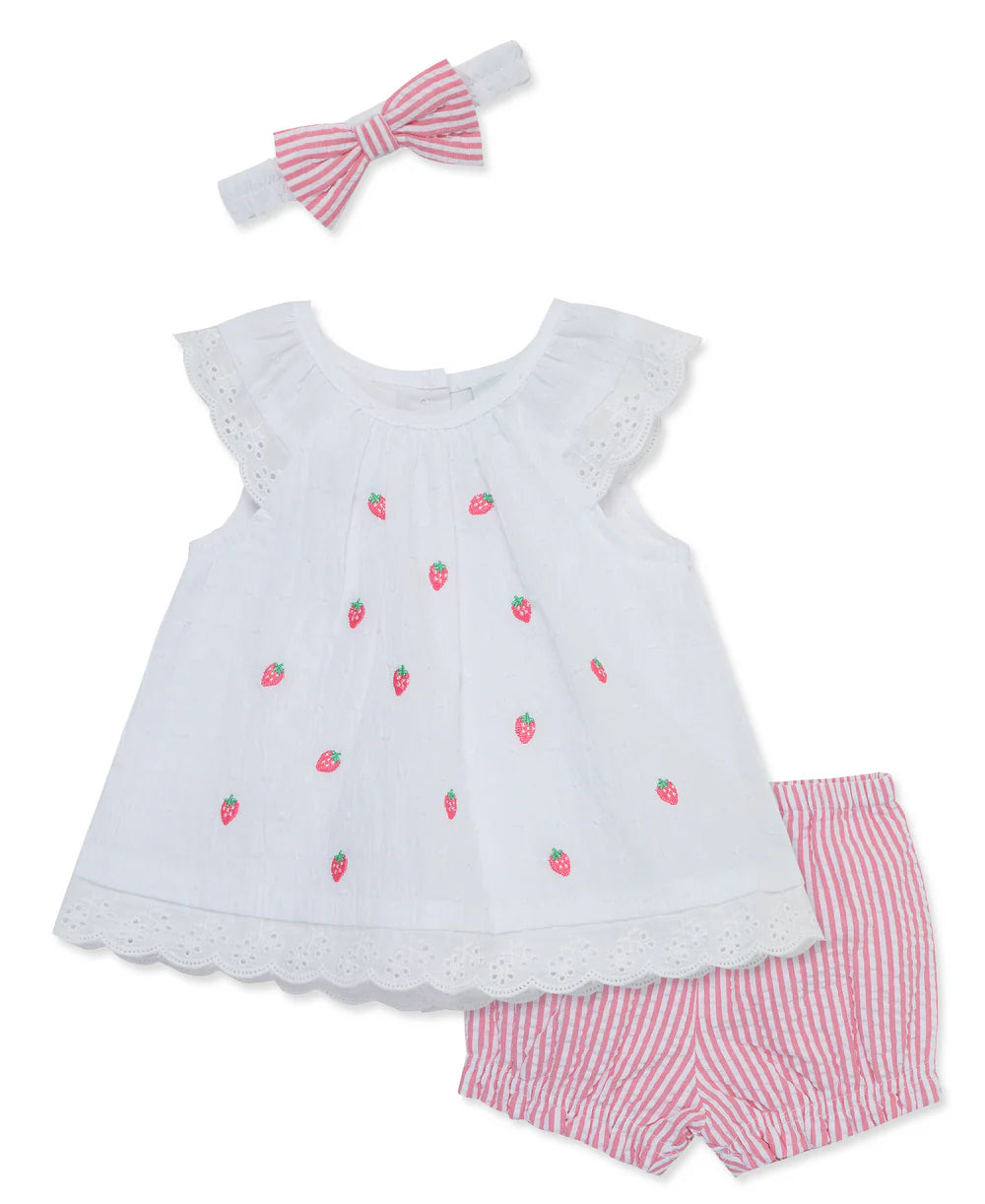 Strawberry Seersucker 3 pc dress set with matching striped panty