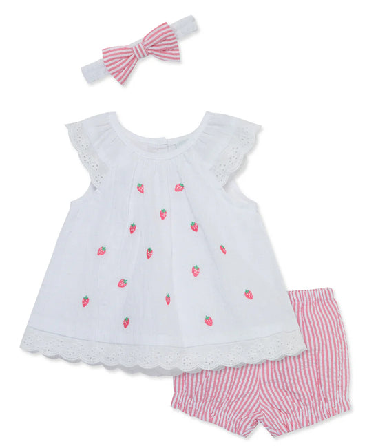 Strawberry Seersucker 3 pc dress set with matching striped panty