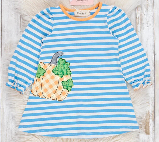 Cobalt/Blue Striped Gingham Embroidered Pumpkin Dress