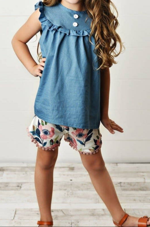 Girls Jean Floral Ruffle Button Two Piece Set: 10/12