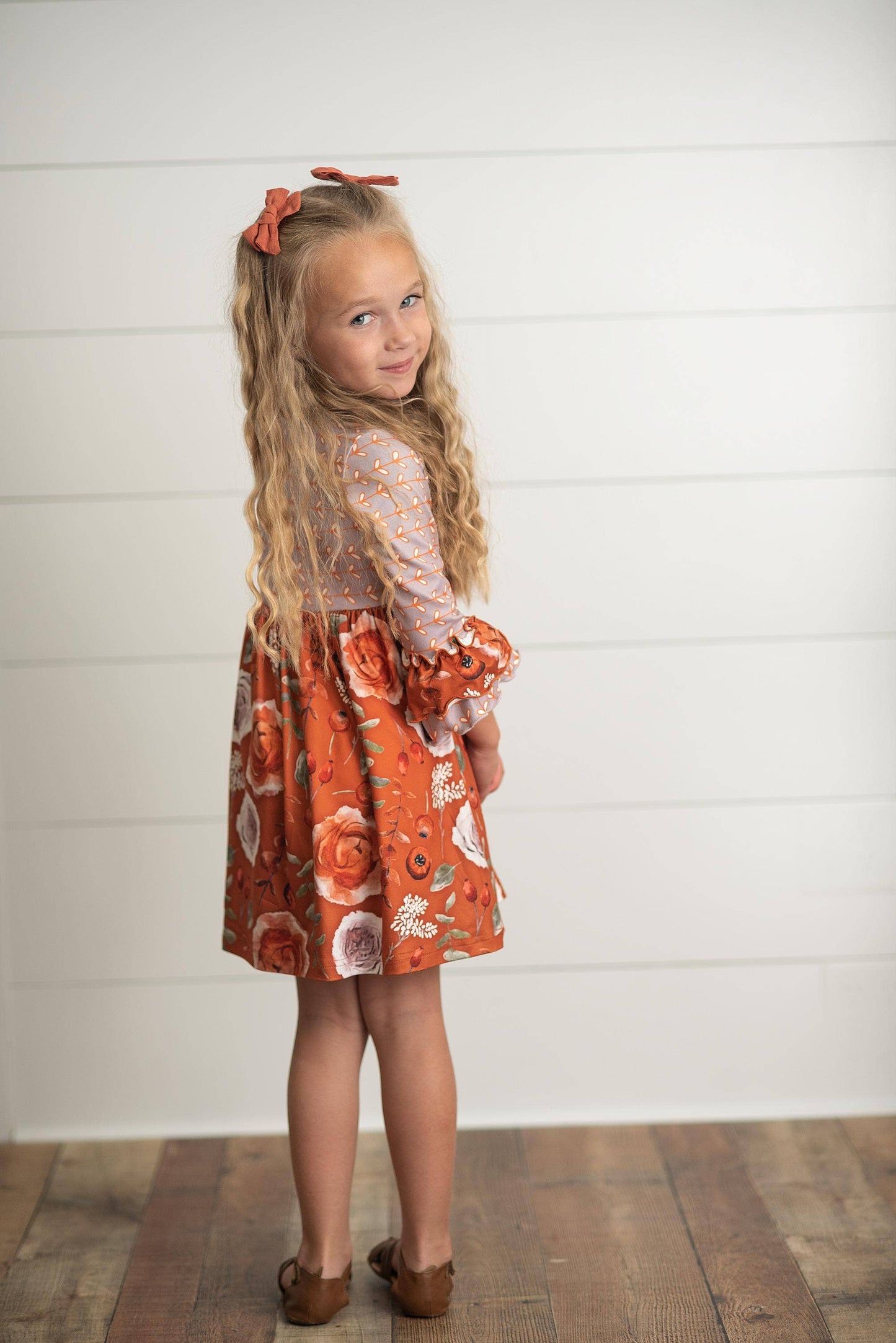 Kids Rust Floral Twirl Ruffles Dress