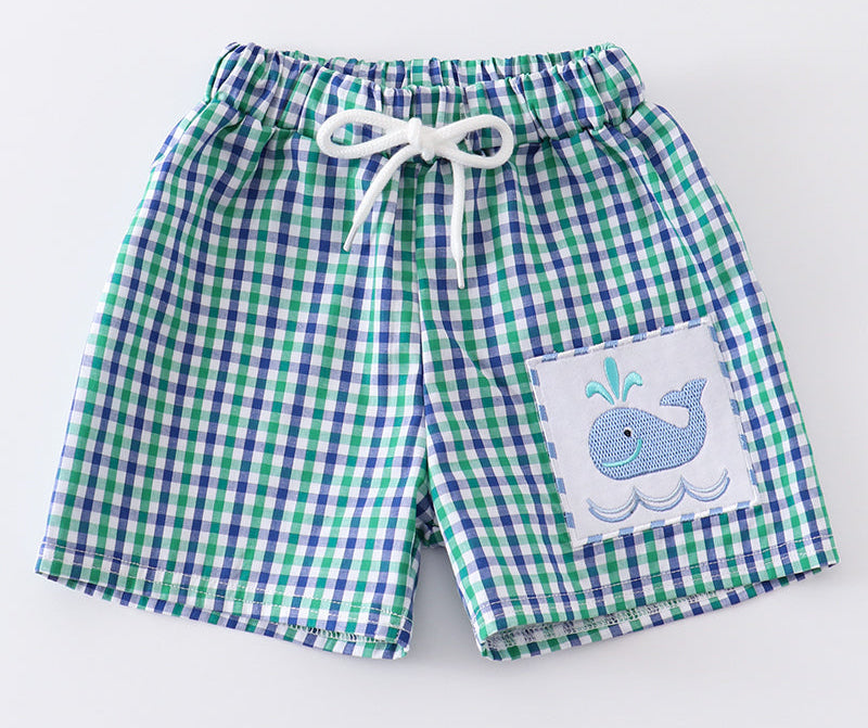 Green and Blue Whale Embroidery Boy Trunks