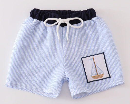 Blue Seersucker Sailboat Embroidery Boy Trunks