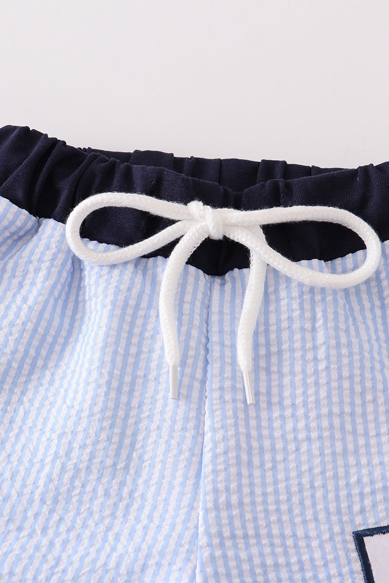 Blue Seersucker Sailboat Embroidery Boy Trunks
