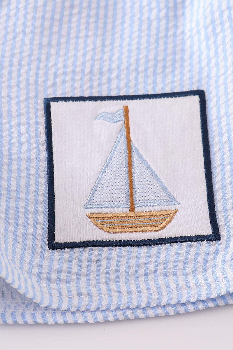 Blue Seersucker Sailboat Embroidery Boy Trunks