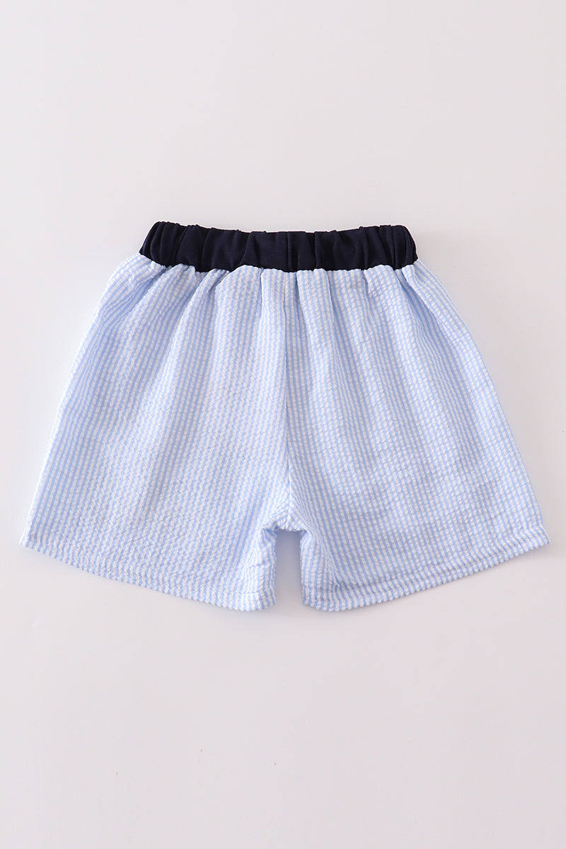 Blue Seersucker Sailboat Embroidery Boy Trunks