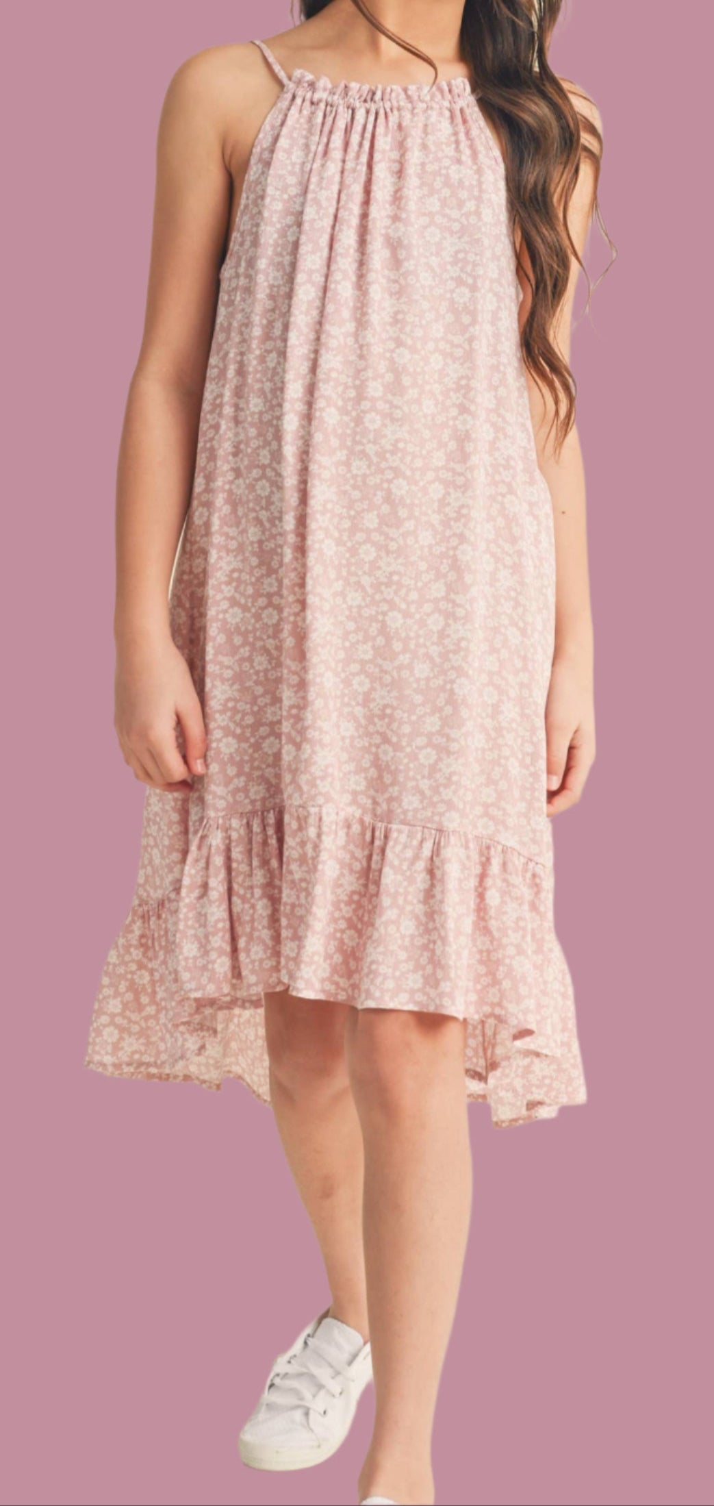 TWEEN GIRLS HALTER FLOUNCE DRESS; BLUSH OFF WHITE