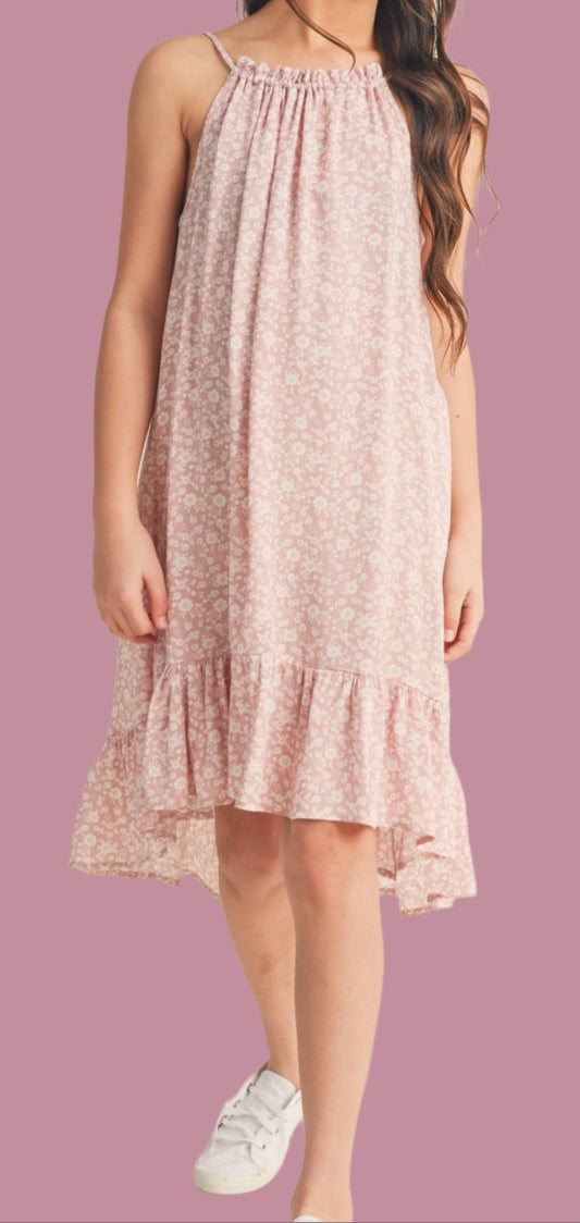 TWEEN GIRLS HALTER FLOUNCE DRESS; BLUSH OFF WHITE