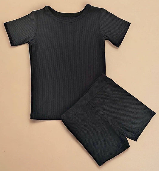 Black Ribbed Bamboo Shorts Set: