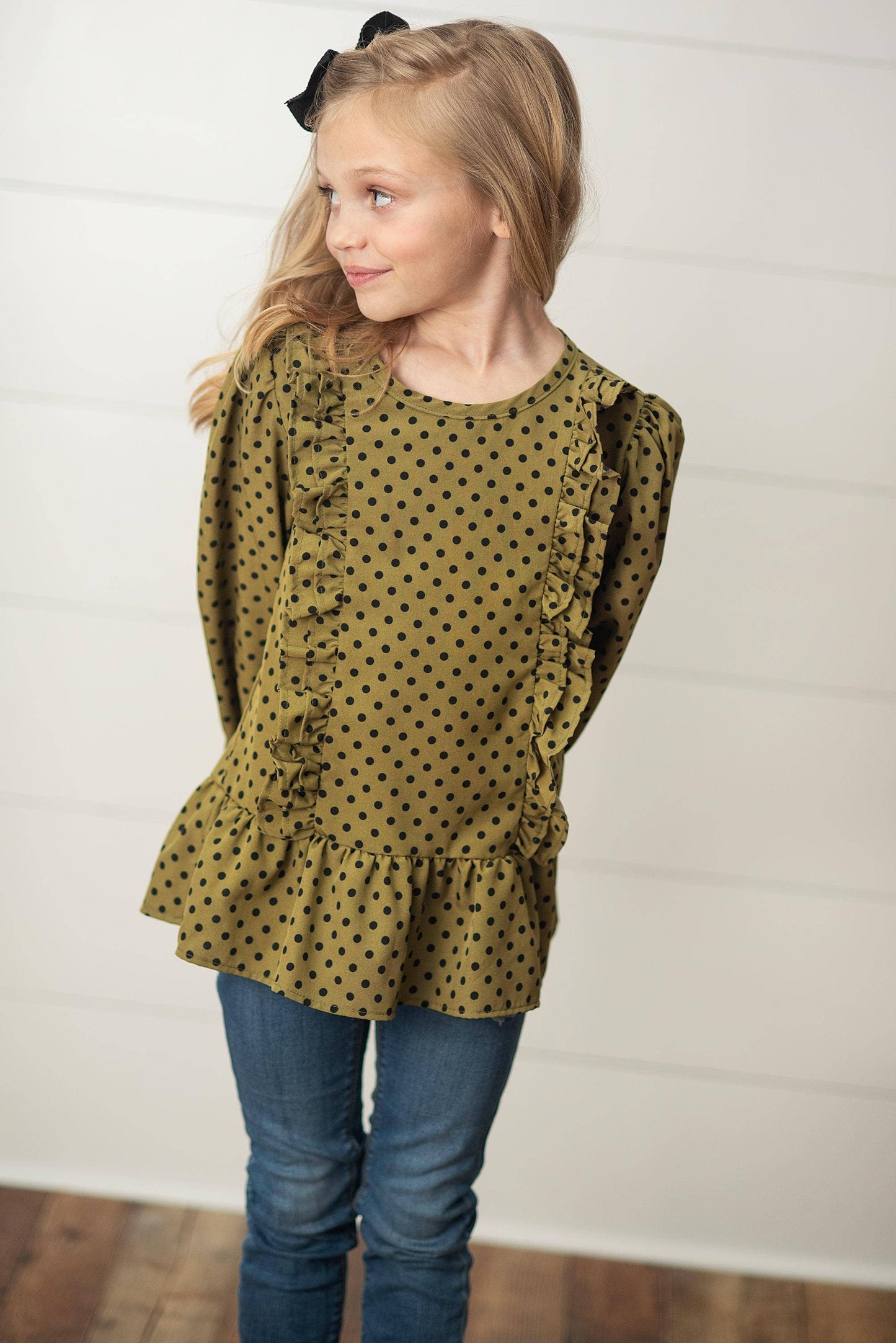 Girls Olive Black Polka Dot Long Sleeve Ruffle Fall Shirt :
