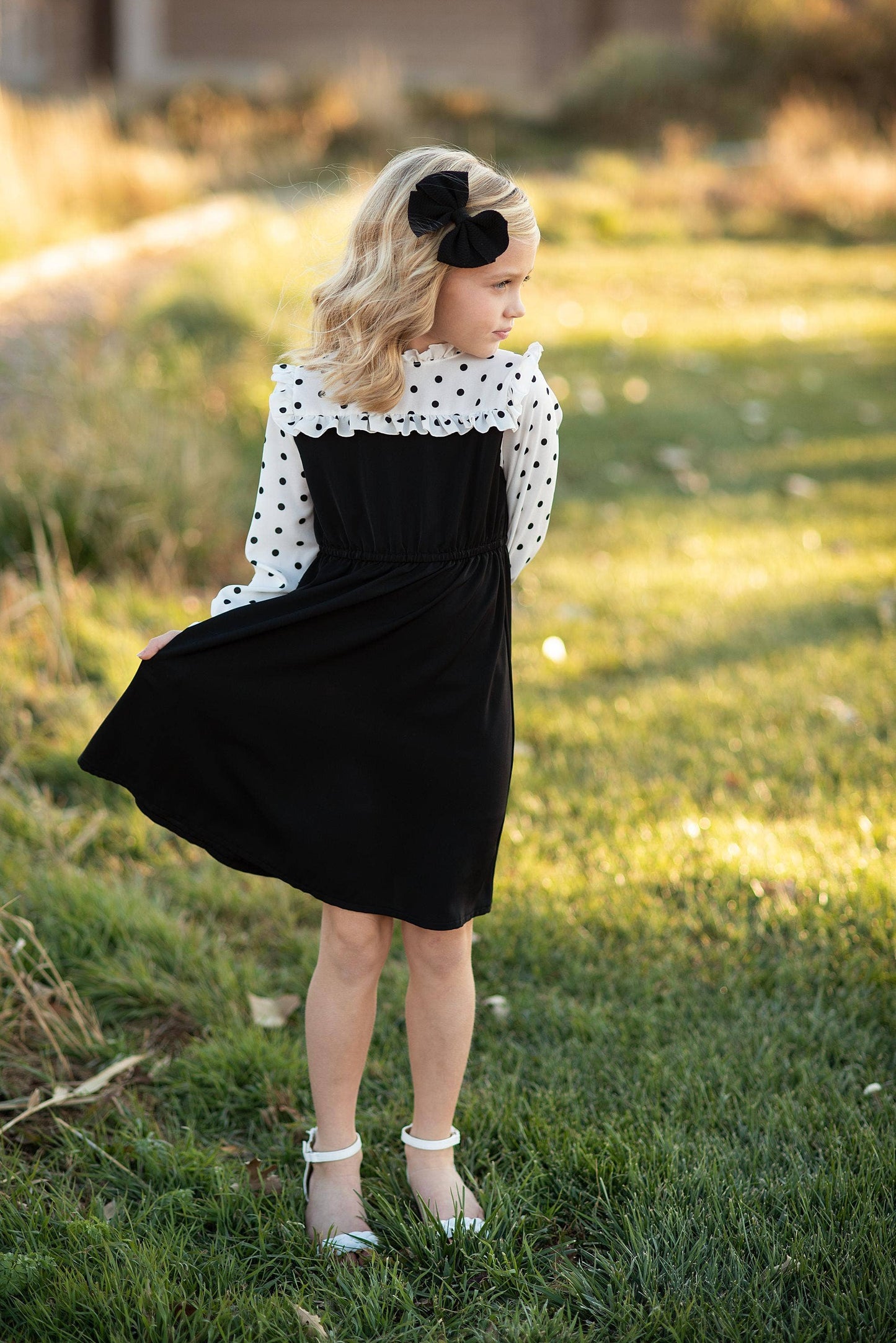 Girls Classic Black Polka Dot Ruffle Yolk Dress: