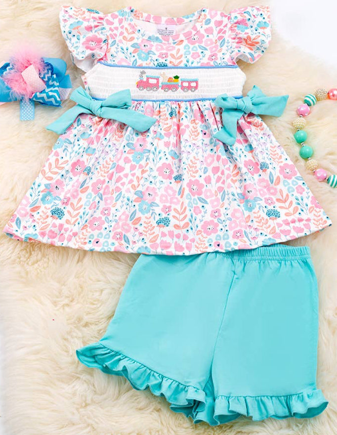 PASTEL FLORAL Easter Train SMOCKED GIRLS SET