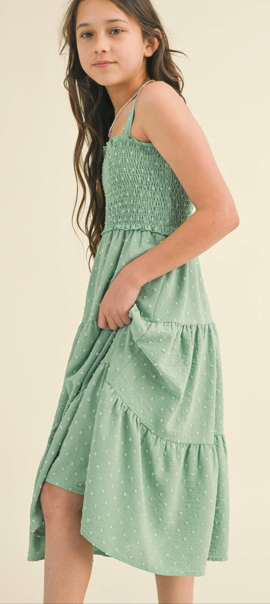 TWEEN GIRLS KIDS SMOCKED TIERED MIDI DRESS
