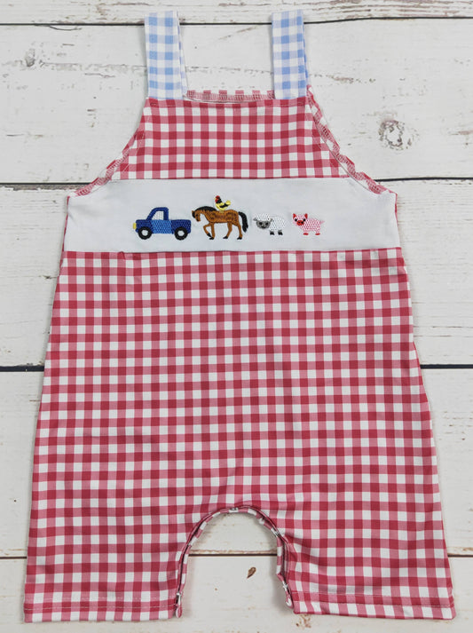 Baby Boy Checkered Farm Romper: