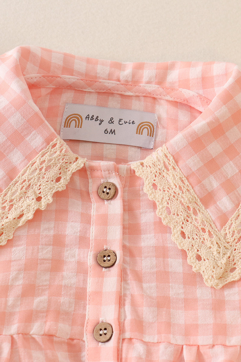BLUSH PLAID LINEN BUTTON GIRL BUBBLE; 12M