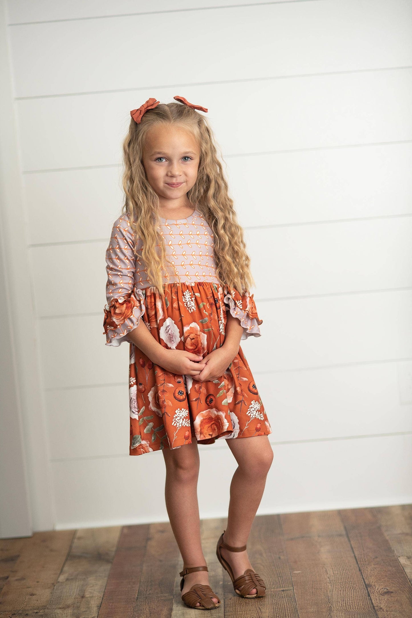 Kids Rust Floral Twirl Ruffles Dress