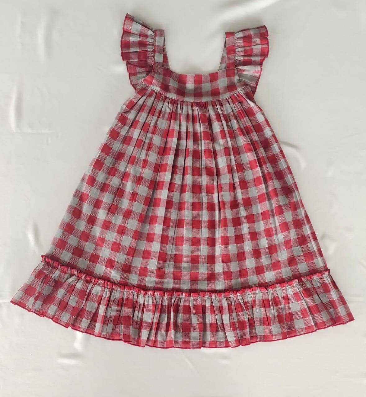 Cotton Red Checked Ruffled Sleeve Dress (*Runs Big)