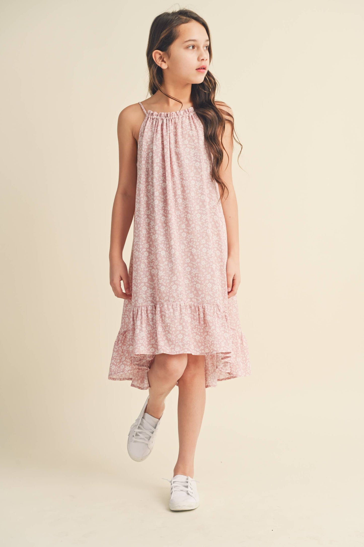 TWEEN GIRLS HALTER FLOUNCE DRESS; BLUSH OFF WHITE