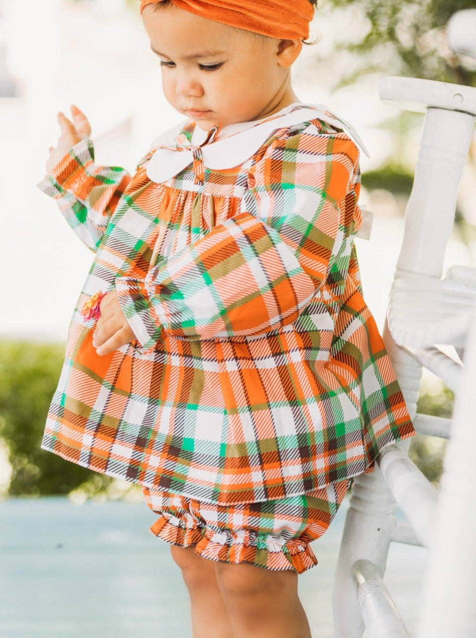 Autumn Plaid Scalloped Bishop Collar Dress & Bloomer Set: