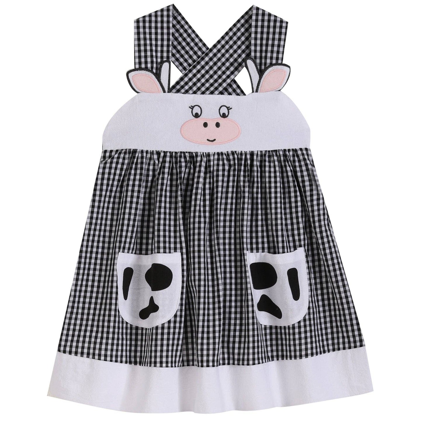 Black Gingham Cute Cow Pocket Sundress: 5Y