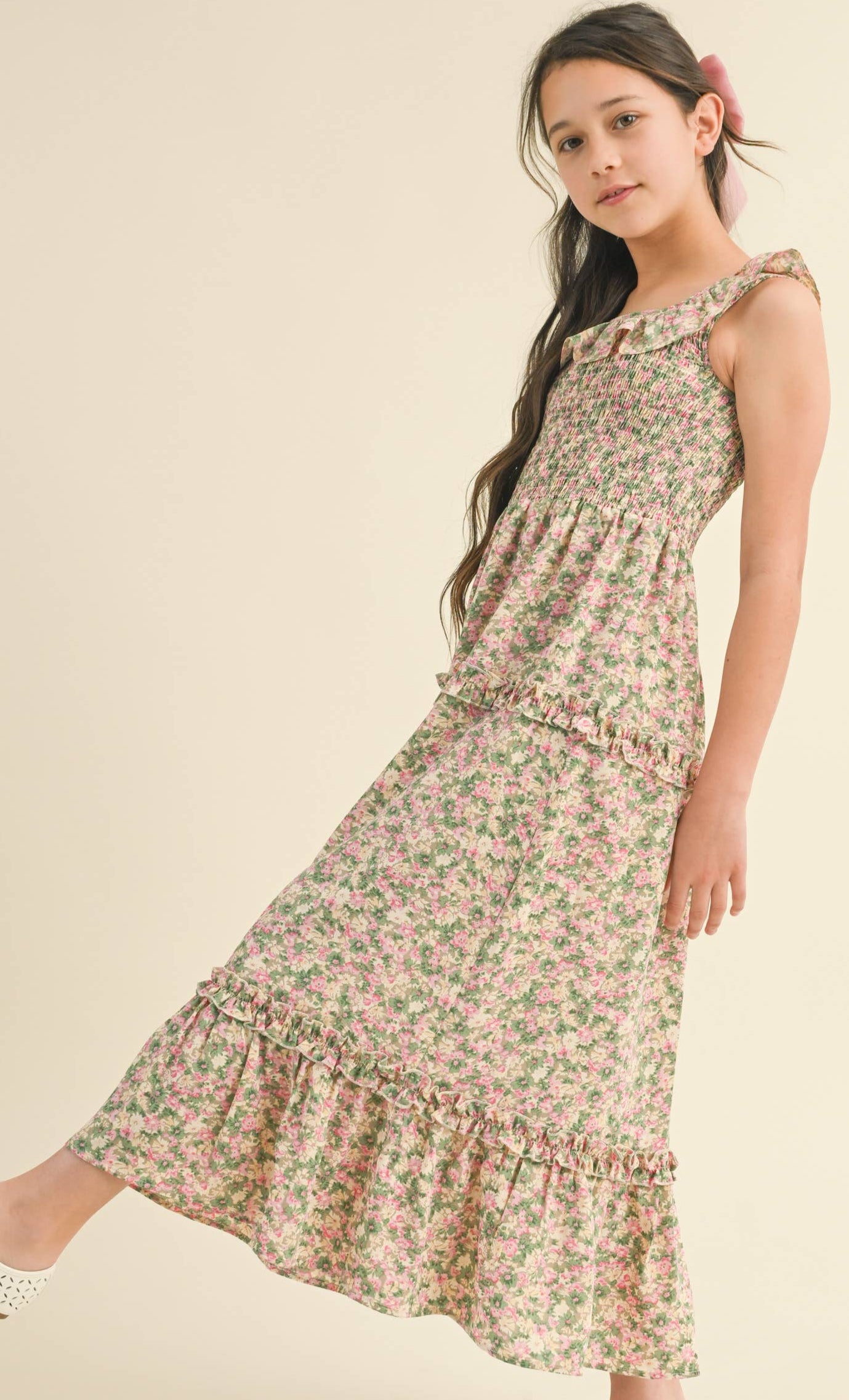 TWEEN GIRLS KIDS RUFFLE SMOCKED MAXI DRESS