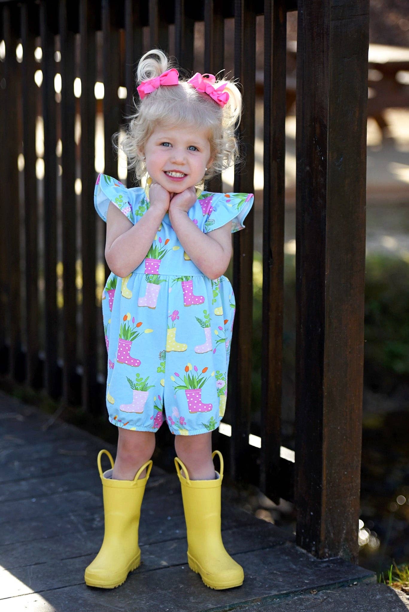 April Showers Rainboot Print Knit Romper: