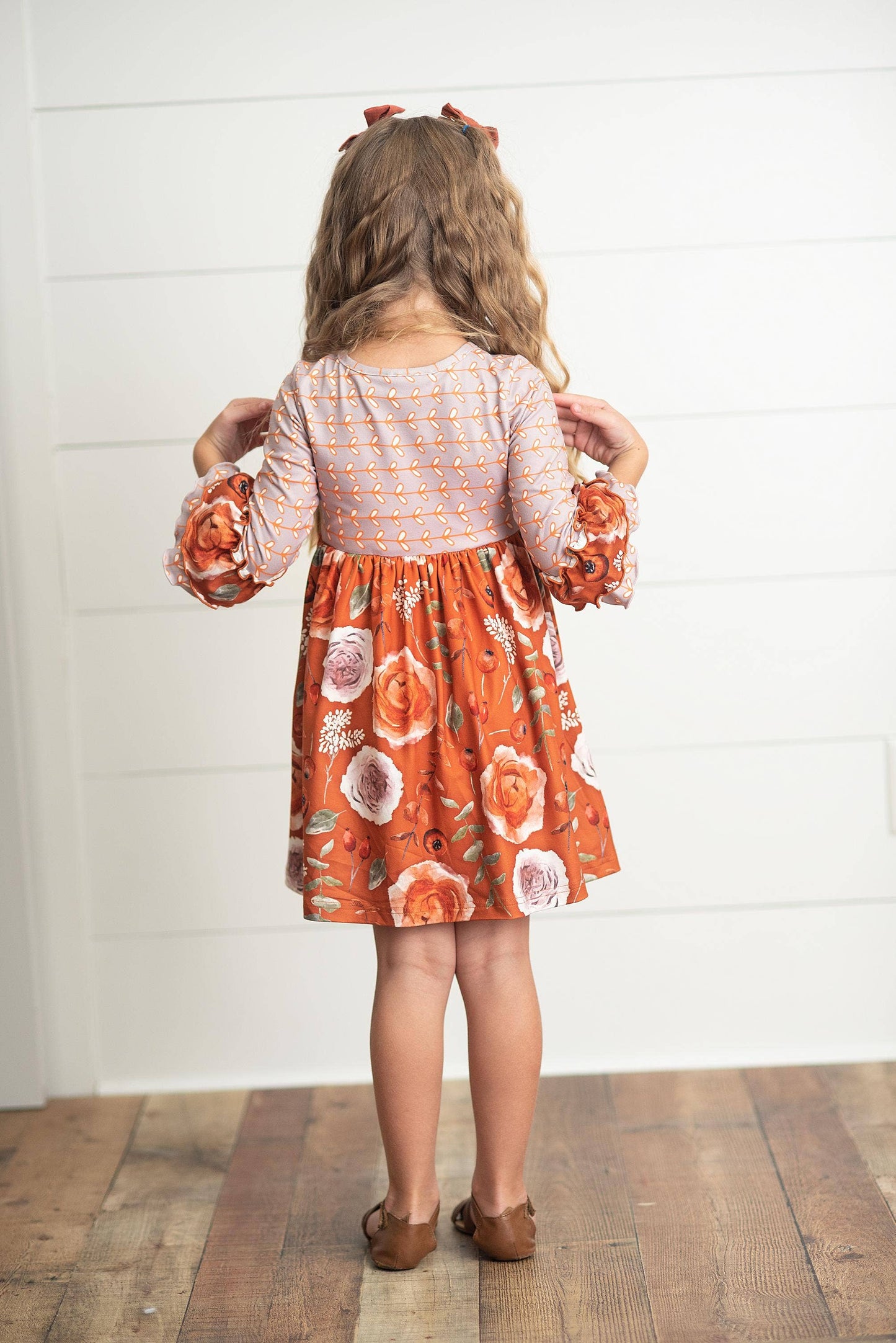 Kids Rust Floral Twirl Ruffles Dress