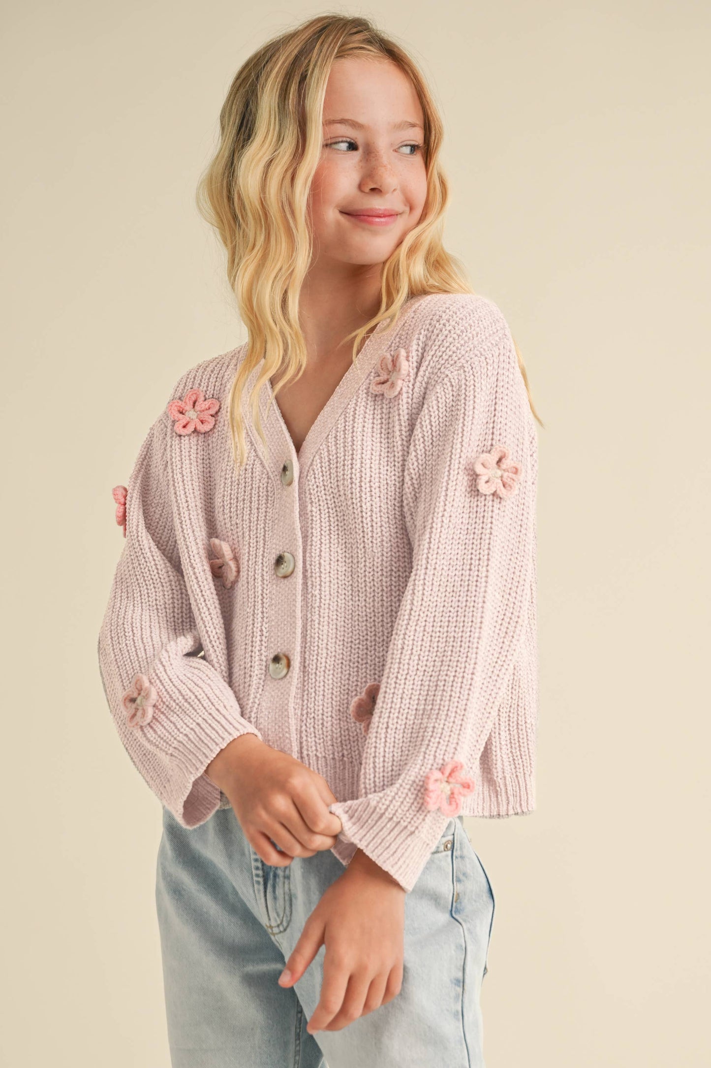 TWEEN GIRLS CARDIGAN WITH 3D CROCHET FLOW