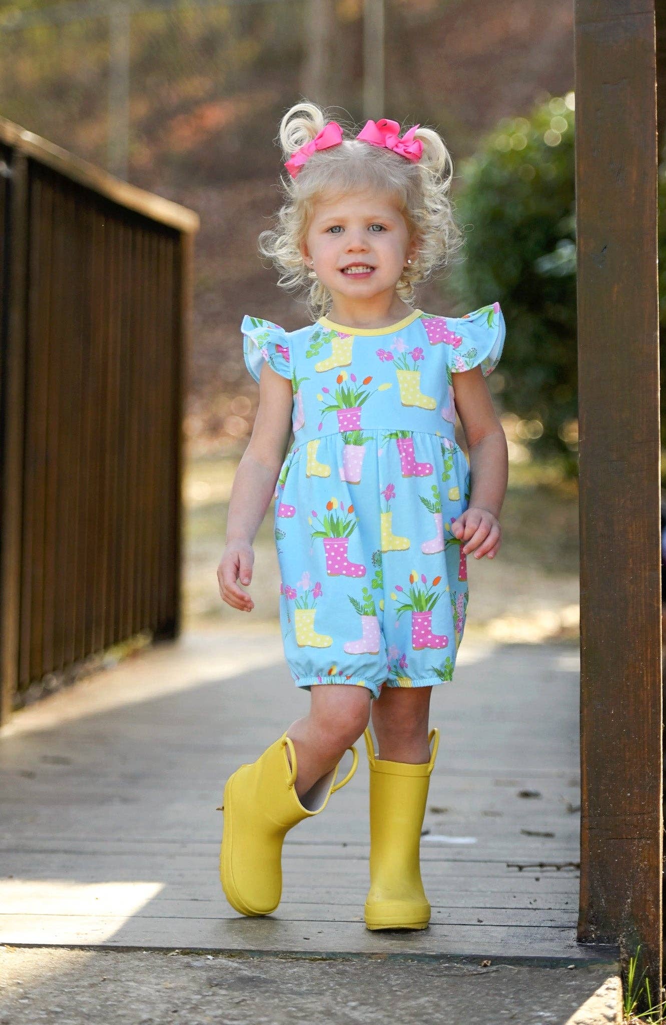April Showers Rainboot Print Knit Romper: