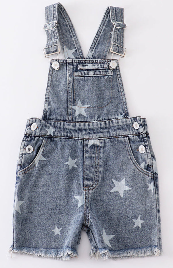 Medium Wash Blue Star Print Strap Denim Overall