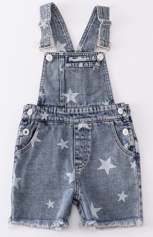 Medium Wash Blue Star Print Strap Denim Overall