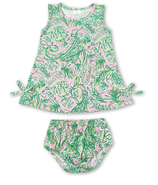 Sleeveless green pink Lily Like baby girls bummies set