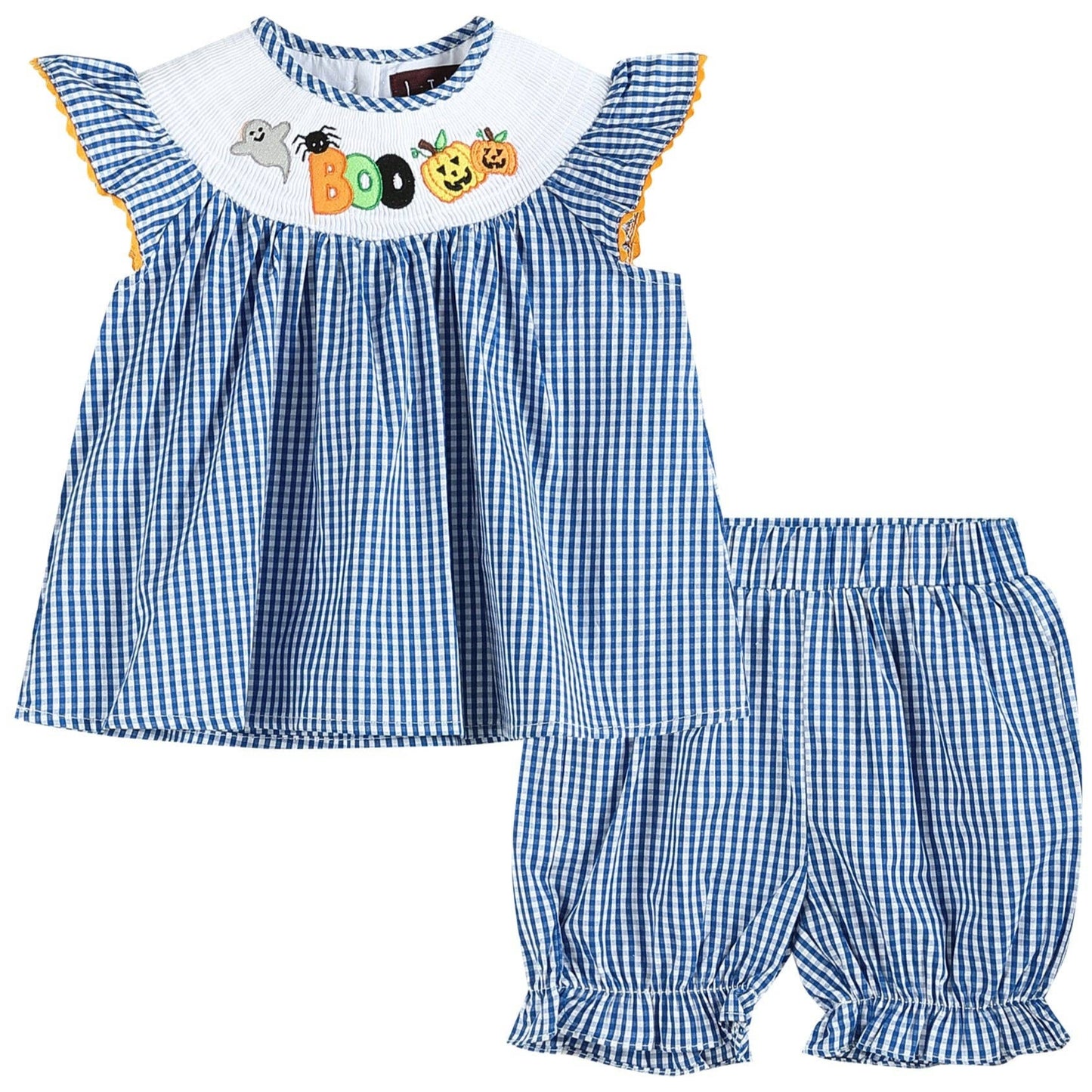 Blue 'Boo' Gingham Smocked Top and Bloomers Set Halloween