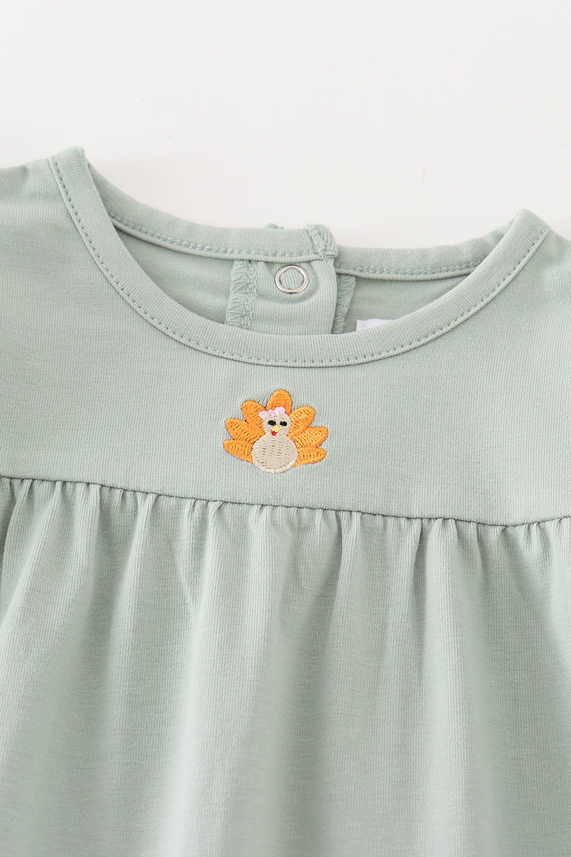 GREEN TURKEY EMBROIDERY POCKET DRESS