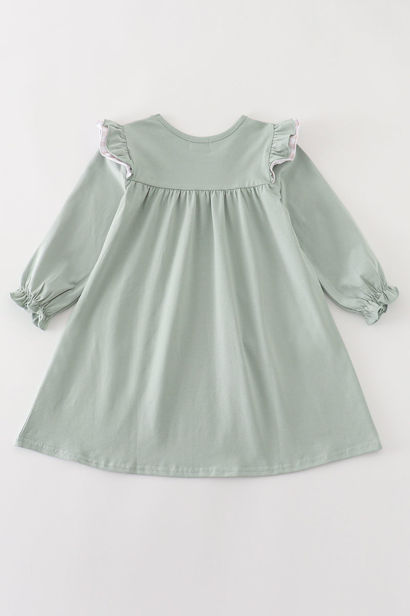 GREEN TURKEY EMBROIDERY POCKET DRESS