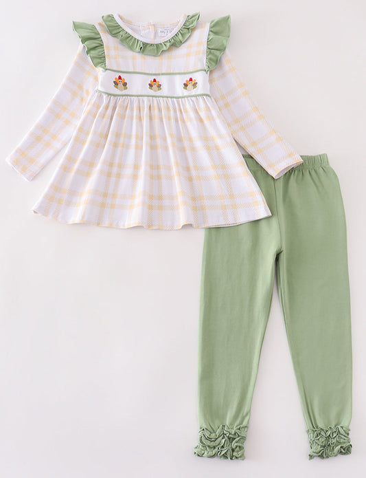 PREMIUM GREEN TURKEY EMBROIDERY PLAID GIRL SET