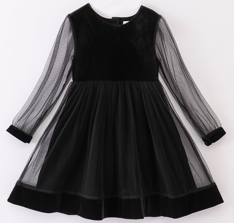 BLACK VELVET RUFFLE GIRL DRESS