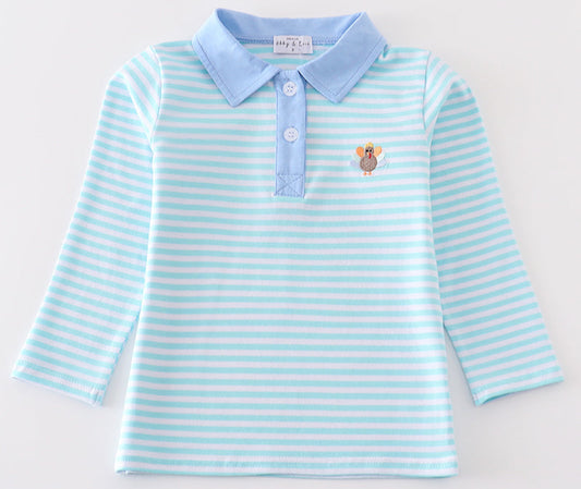 TEAL GREEN STRIPE TURKEY EMBROIDERY BOY TOP WITH BLUE COLLAR