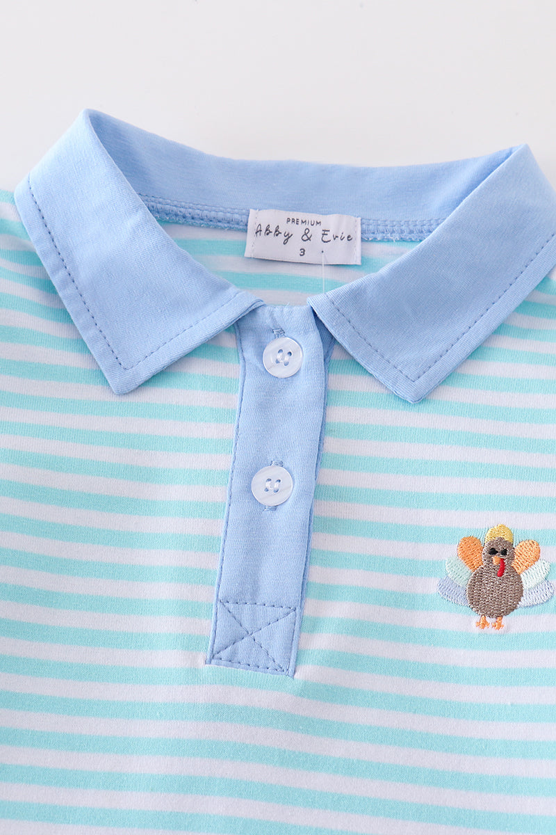 TEAL GREEN STRIPE TURKEY EMBROIDERY BOY TOP WITH BLUE COLLAR