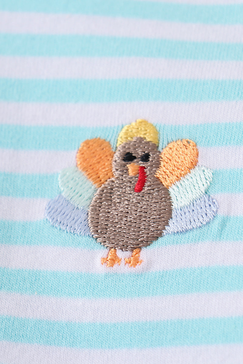 TEAL GREEN STRIPE TURKEY EMBROIDERY BOY TOP WITH BLUE COLLAR