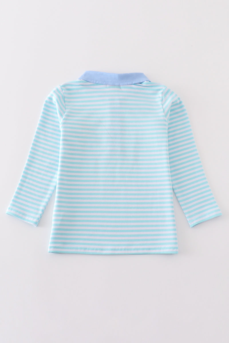 TEAL GREEN STRIPE TURKEY EMBROIDERY BOY TOP WITH BLUE COLLAR